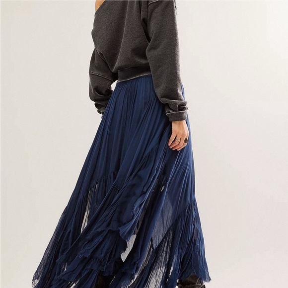 Free People Elegant Clover Navy Blue Maxi Skirt - Picture 3 of 14
